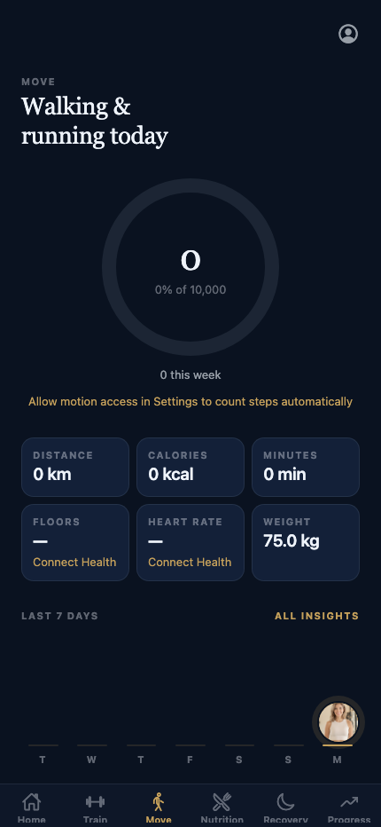 EDELFIT move screen with a steps ring and distance, calories and minutes tiles