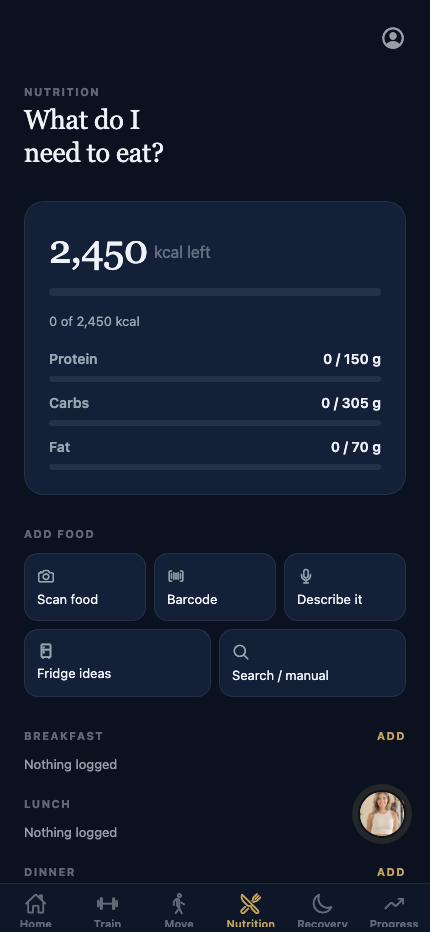 EDELFIT nutrition screen with calorie and macro bars and camera, barcode and voice logging options