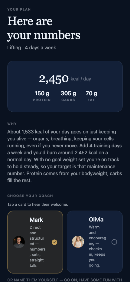 EDELFIT onboarding screen showing calculated calorie and macro targets with a plain-language explanation, and a coach persona picker