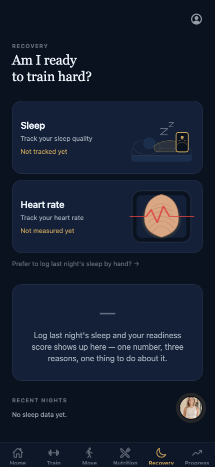 EDELFIT recovery screen with sleep and heart rate module cards